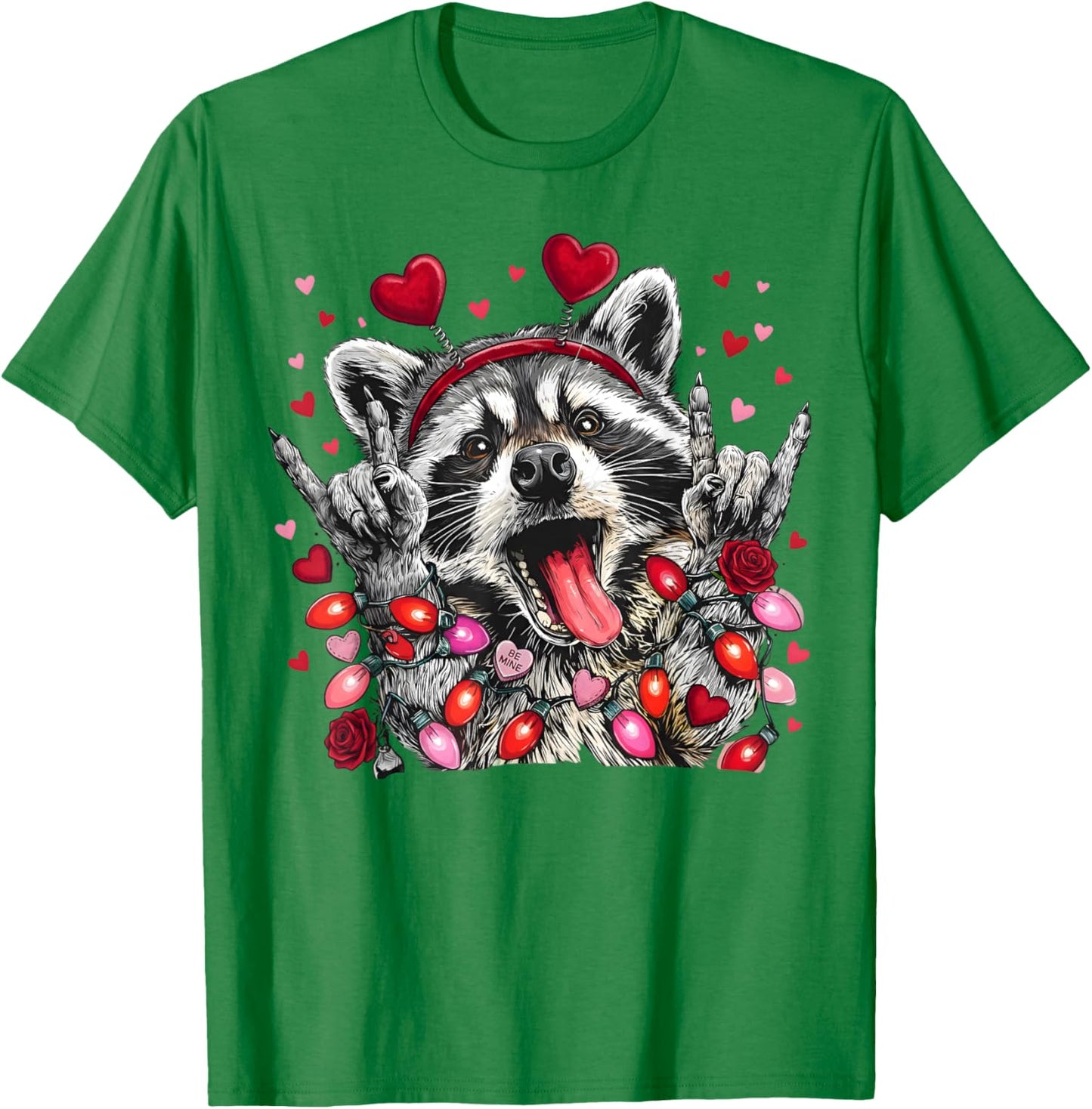 Rock On Hand Sign Racoon Meme Funny Valentines T-Shirt - T-Shirt | Irish Green