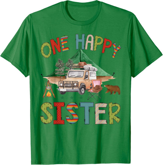 One Happy Sister Camper 1st Birthday Boy Camping Bear T-Shirt - T-Shirt | Irish Green