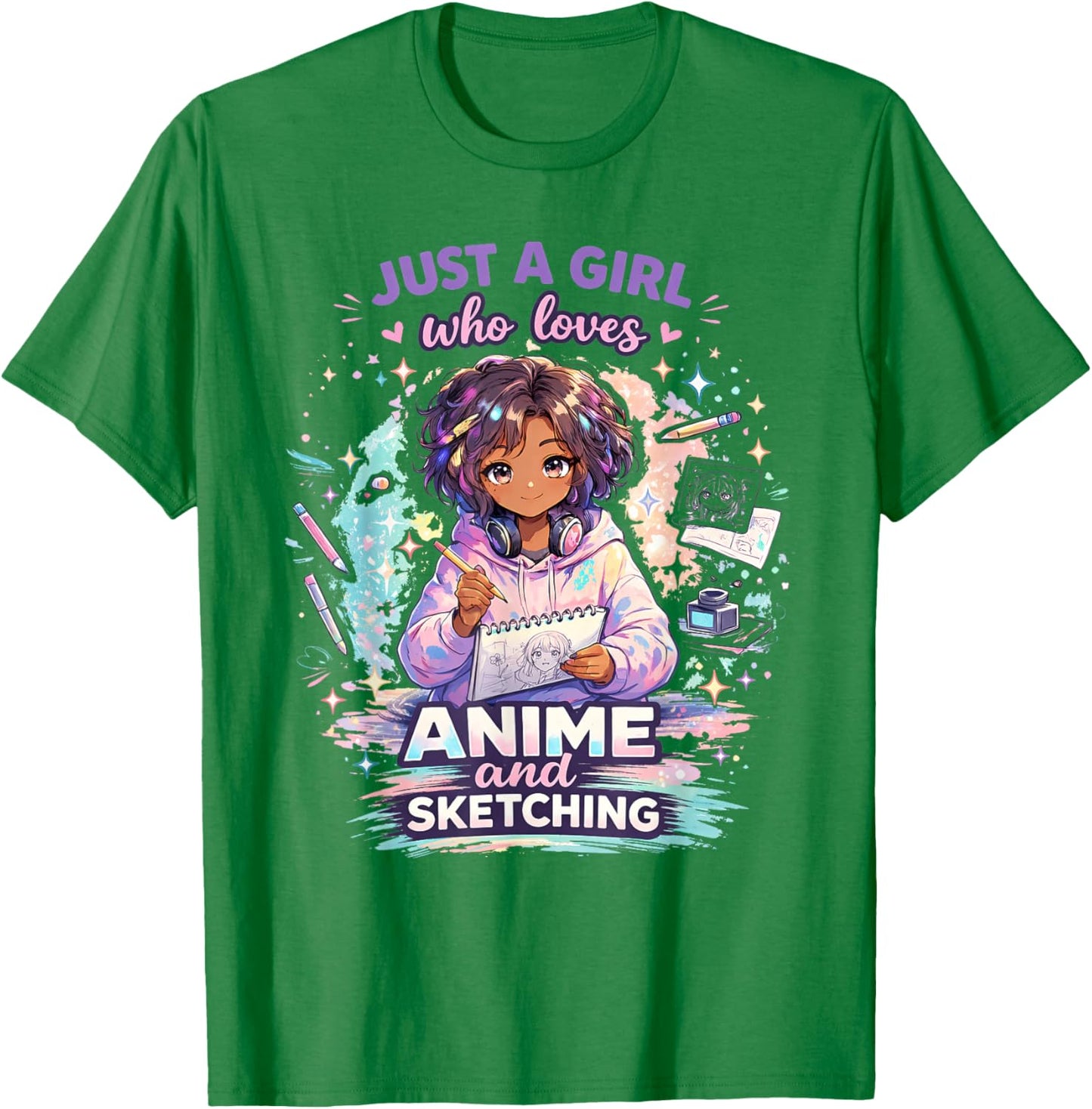 Just A Girl Who Loves Anime and Sketching Afro Anime T-Shirt - T-Shirt | Irish Green