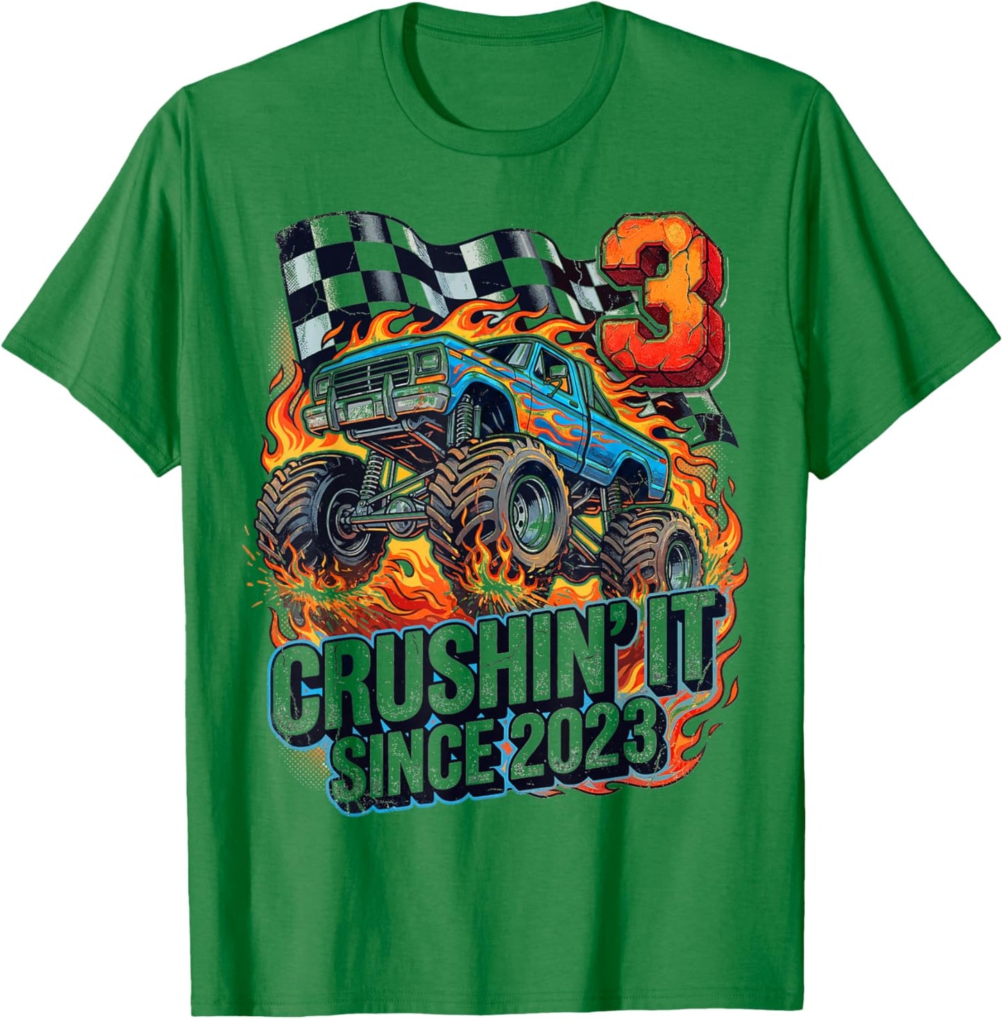 Birthday Monster Truck 3 Year Old Boys 3rd Party Born 2023 T-Shirt - T-Shirt | Irish Green