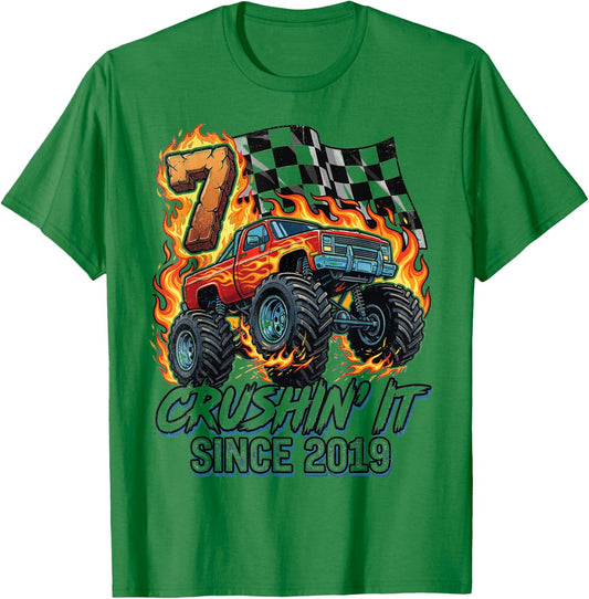 Birthday Monster Truck 7 Year Old Boys 7th Party Born 2019 T-Shirt - T-Shirt | Irish Green