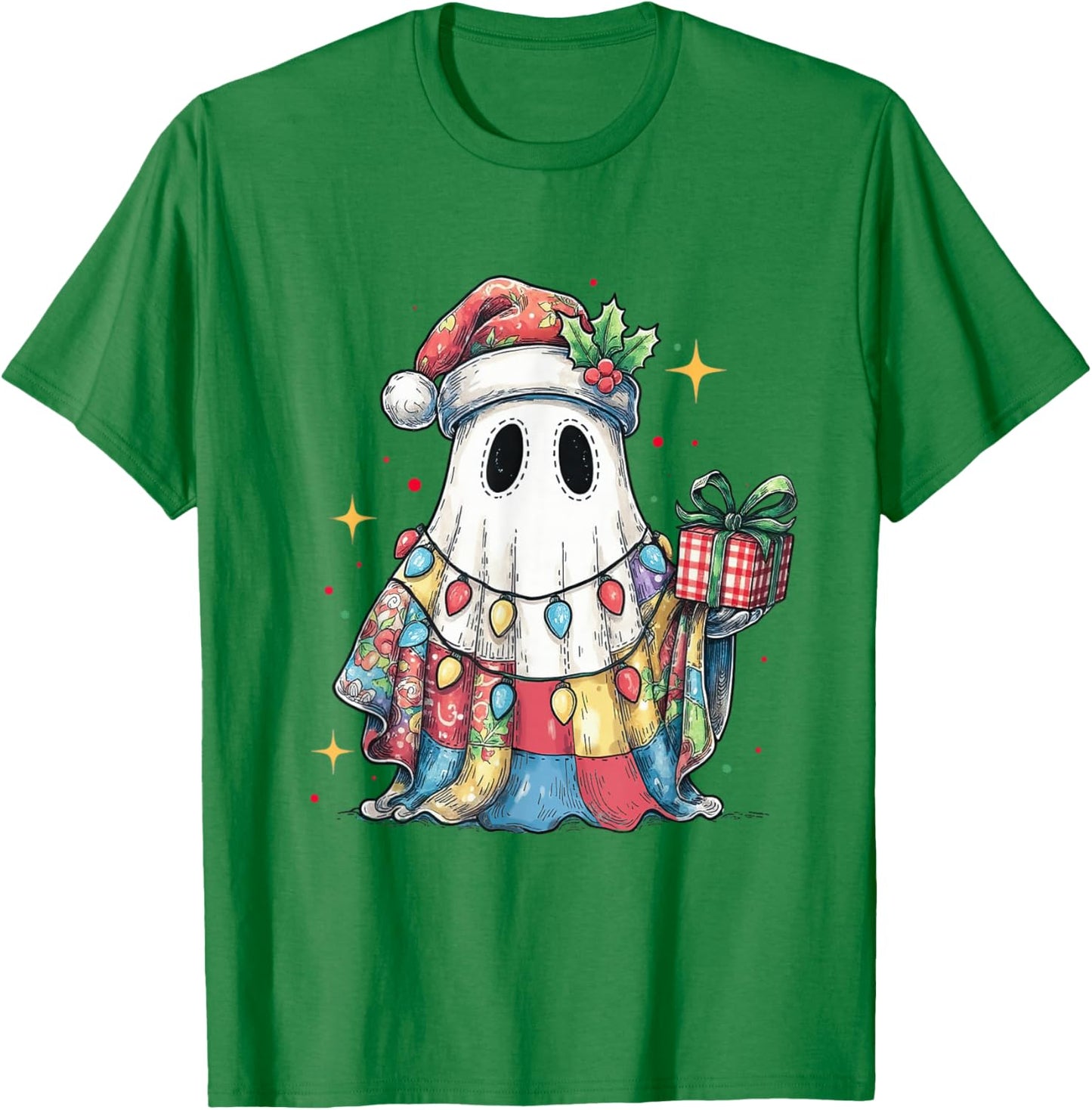 Santa Ghost Spooky Christmas Light Patchwork Matching Family T-Shirt - T-Shirt | Irish Green