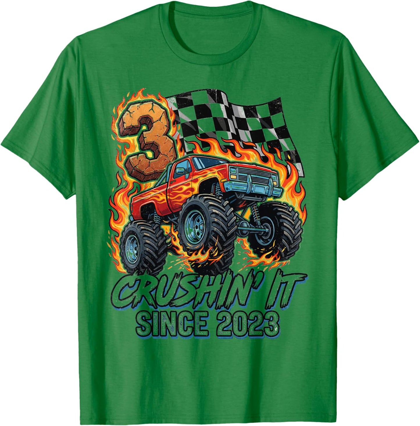 Birthday Monster Truck 3 Year Old Boys 3rd Party Born 2023 T-Shirt - T-Shirt | Irish Green