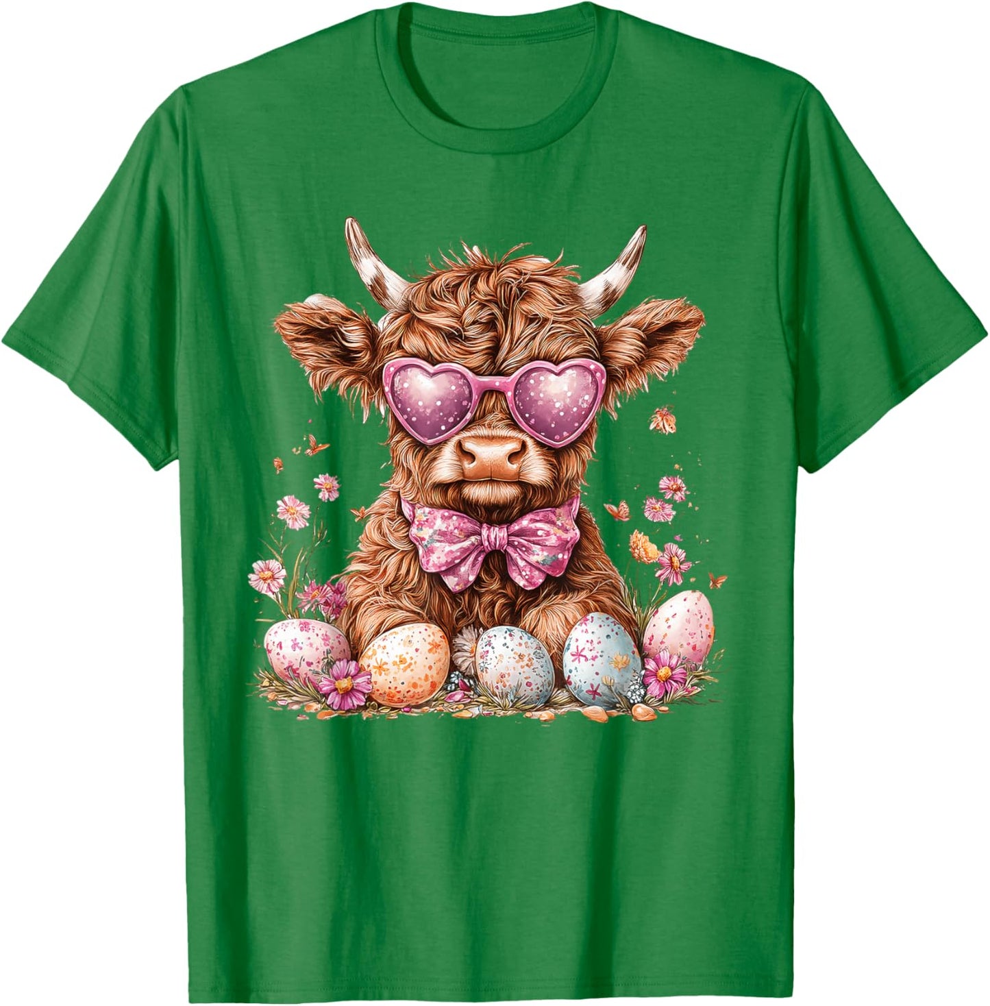 Cute Pink Floral Highland Cow Coquette Bow Easter Eggs T-Shirt - T-Shirt | Irish Green