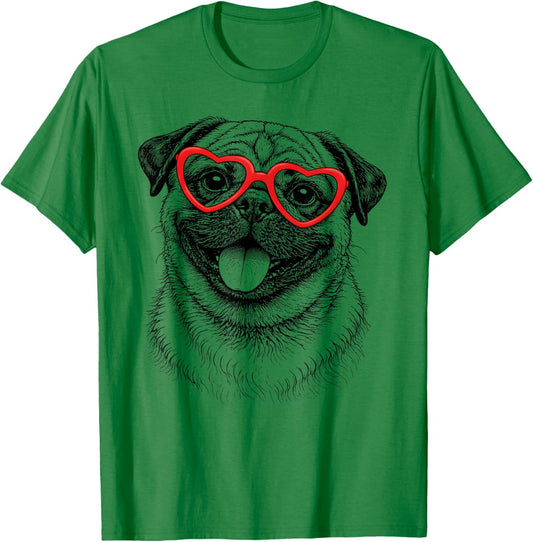 Funny Pug Face Heart Glasses Dog Valentine's Day T-Shirt - T-Shirt | Irish Green
