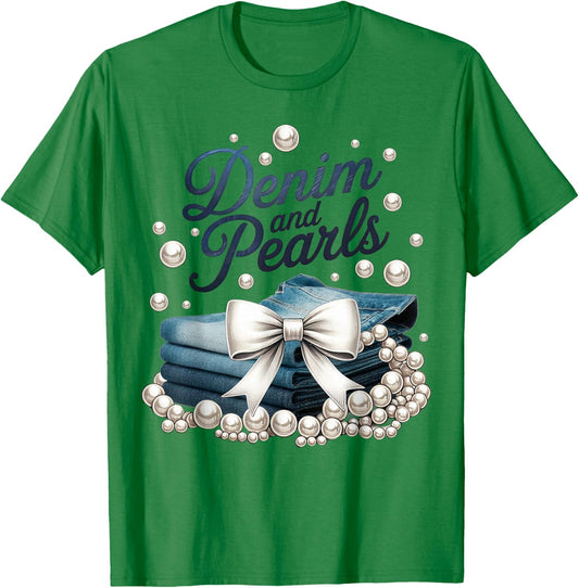 Denim and Pearls Girl Fashionable Coquette Trendy Jeans T-Shirt - T-Shirt | Irish Green