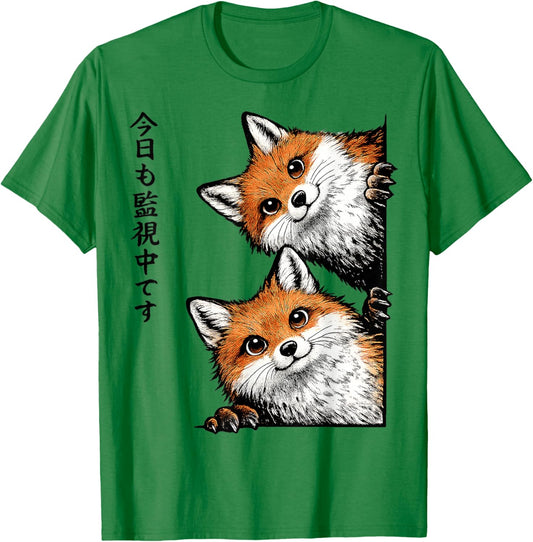 Creepy Cute Fox Watching Japanese Gifts Women Kid T-Shirt - T-Shirt | Irish Green