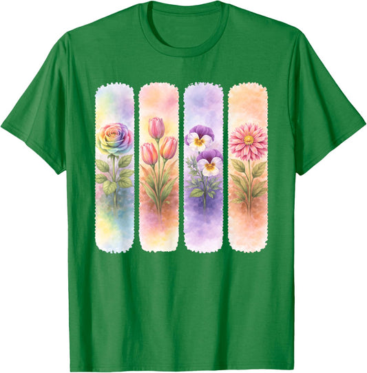 Watercolor Rainbow Rose Tulip Pansy Dahlia Blooms T-Shirt - T-Shirt | Irish Green
