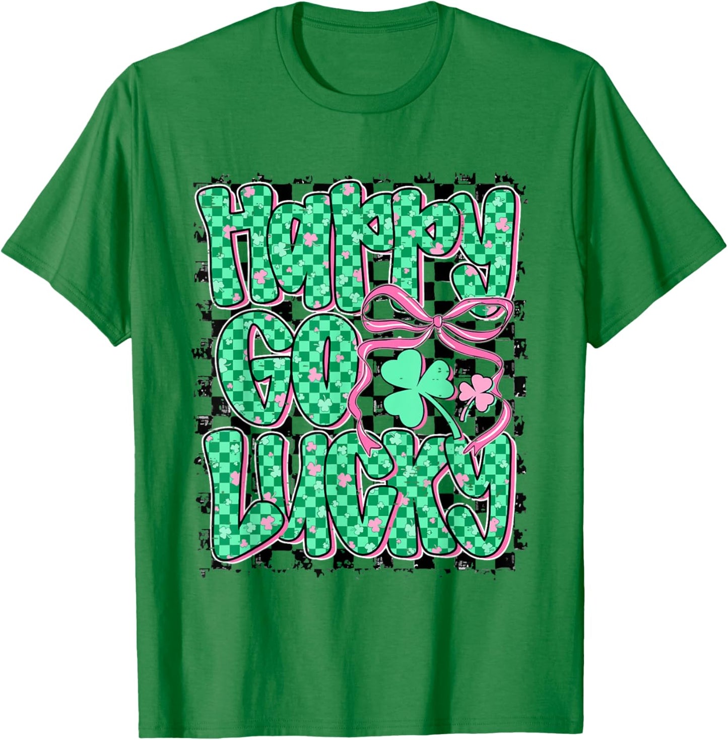 Retro Checkered Happy Go Lucky Shamrock Cute St Patricks Day T-Shirt - T-Shirt | Irish Green