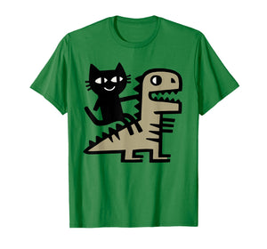 Cat Riding T-Rex Art – Funny Dinosaur and Cat Illustration T-Shirt