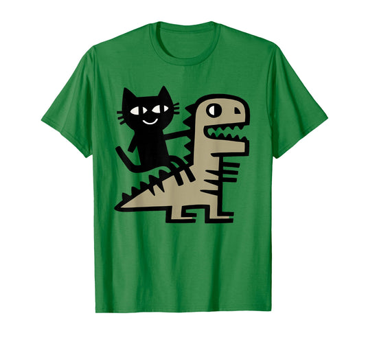 Cat Riding T-Rex Art – Funny Dinosaur and Cat Illustration T-Shirt