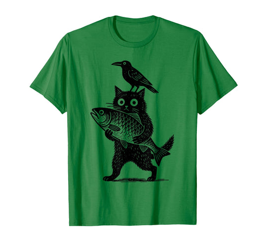 Black Animals Funny Cat with Crow Catches Fish Japanese Art T-Shirt