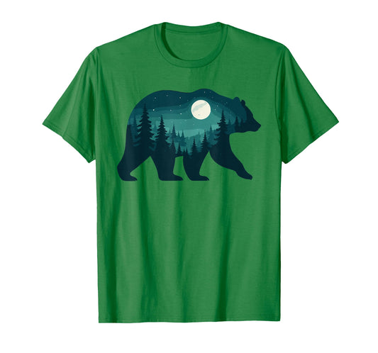 Bear Silhouette Forest Scene Under Full Moon Graphic T-Shirt