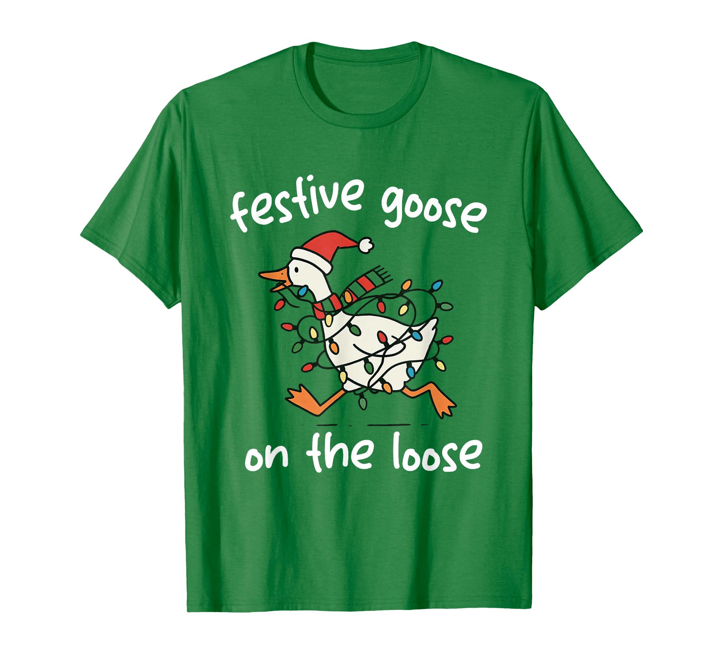 Festive Goose-On-The-Loose Santa Hat Christmas Lights Humor T-Shirt