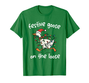 Festive Goose-On-The-Loose Santa Hat Christmas Lights Humor T-Shirt