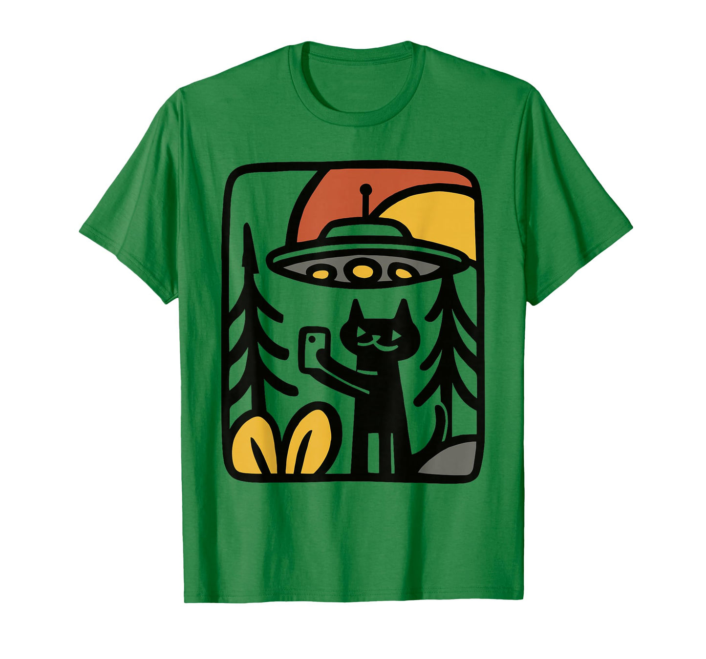 Black Cat UFO Selfie – Funny Alien Forest Art Illustration T-Shirt