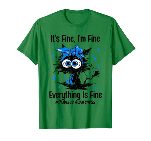 Motivational Type 1 Diabetes Awareness T1D Cat Ribbon Blue T-Shirt