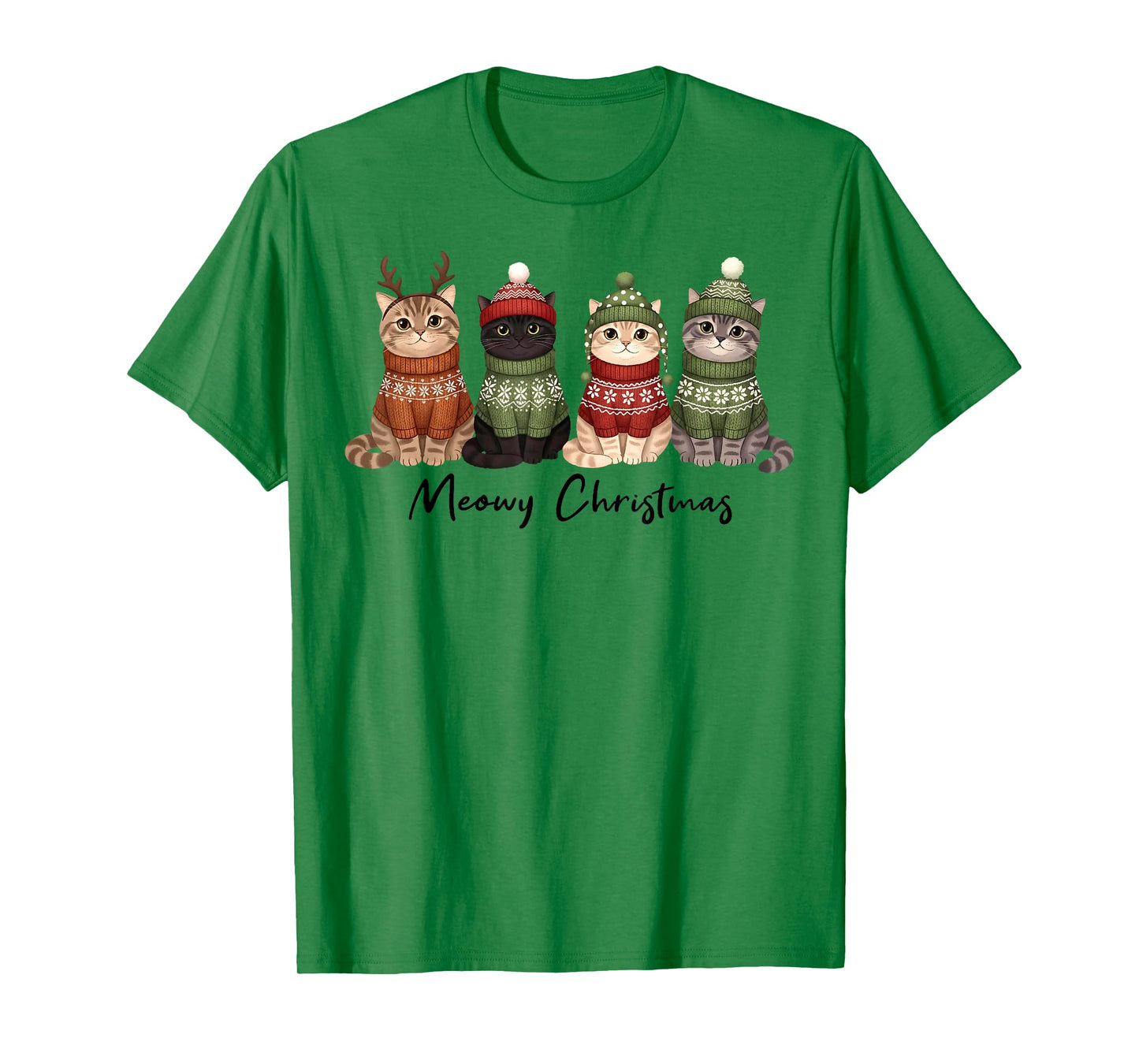 Cat Christmas Light Reindeer Santa Meowy Christmas Cat Lover T-Shirt