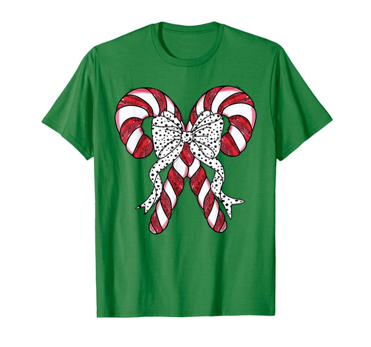 Retro Coquette Bow Candy Cane Christmas Season Women Girl T-Shirt