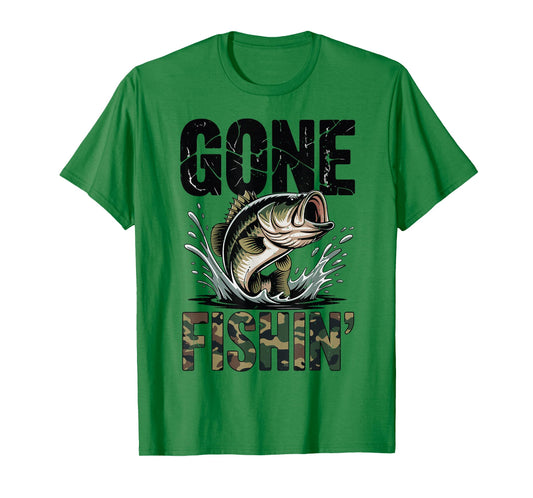 Fishing Camo Bass Fish Gone Fishing Men Youth Funny Dad Joke T-Shirt