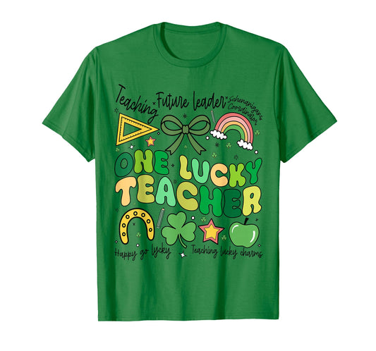 One Lucky Teacher Coquette Groovy St Patrick's Day Teachers T-Shirt
