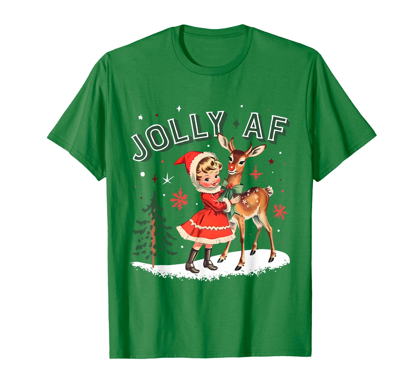 Jolly AF Christmas Retro 50s Cute Girl and Deer Vintage Xmas T-Shirt