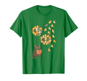 Cute Reading Cat with Kitten Dandelion Flowers Book Lover T-Shirt