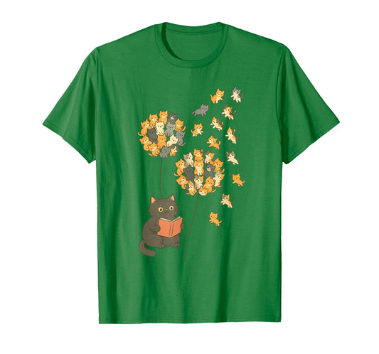 Cute Reading Cat with Kitten Dandelion Flowers Book Lover T-Shirt