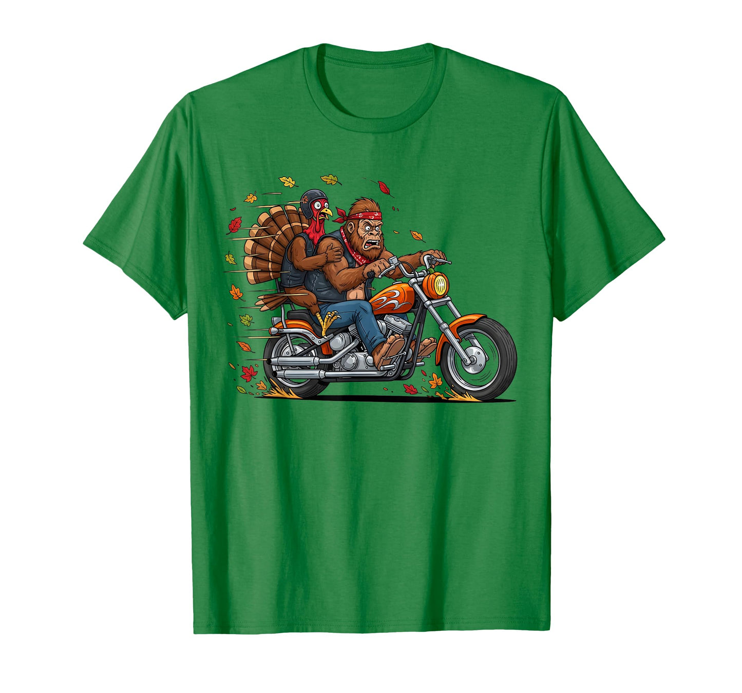 Funny Thanksgiving Turkey Motorcycle Bigfoot Chase Humor T-Shirt