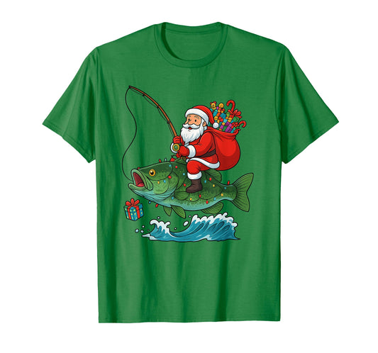 Santa Riding Bass Fish Christmas Fishing Funny Xmas Pajamas T-Shirt