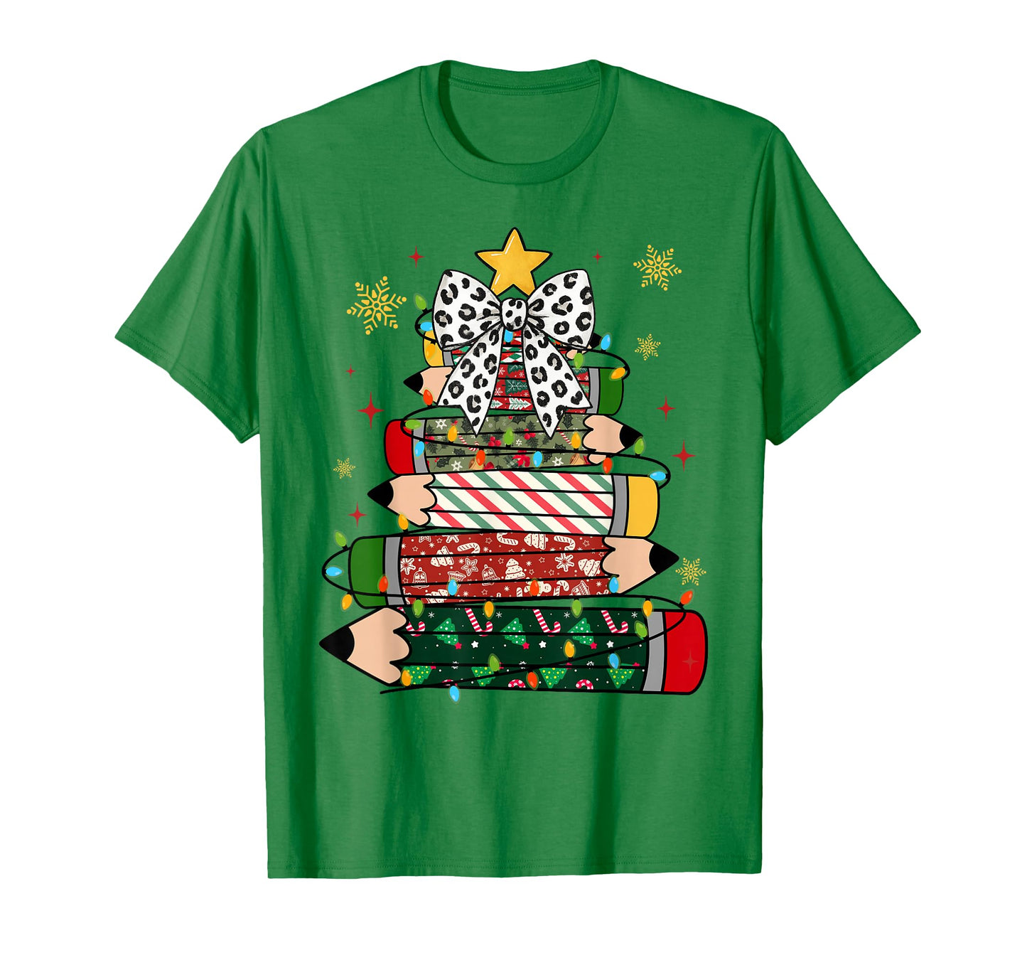 Teacher Christmas Tree Lights Pencil Leopard Print Cute Bow T-Shirt