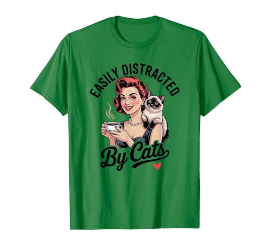 Easily Distracted by Cats Funny Vintage Style Woman Cat T-Shirt