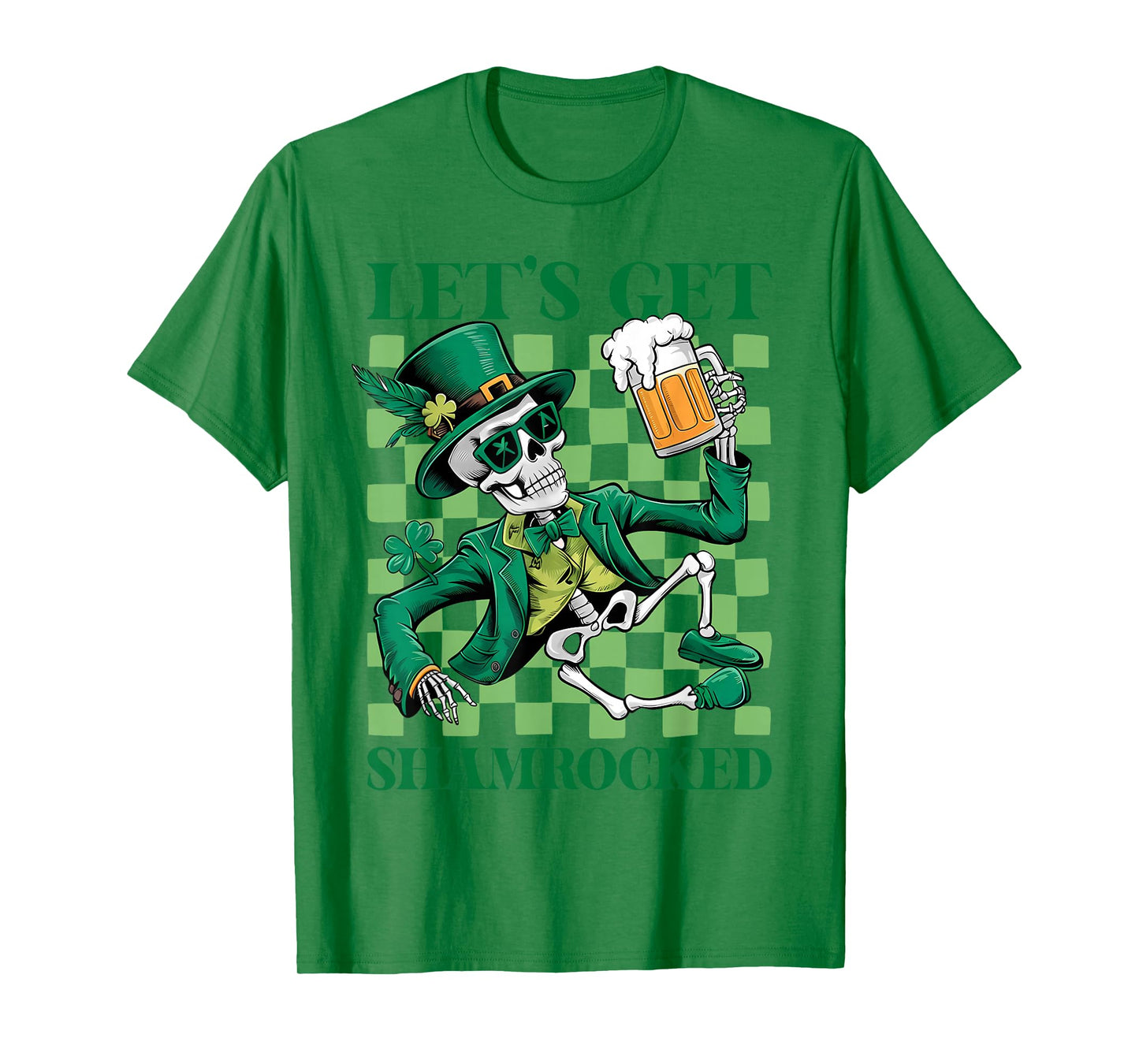 Lets Get Retro Shamrocked Skeleton Drink Checkered Graphic T-Shirt