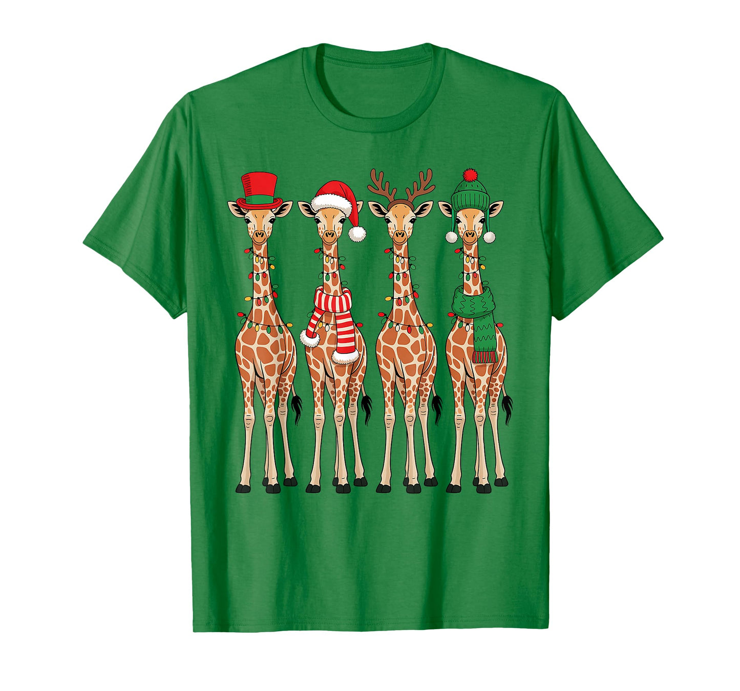 Cute Christmas Giraffes Reindeer Santa Hat Lights Holiday T-Shirt