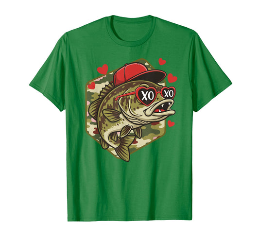 Retro Valentine Bass Fishing Camo Fisherman Valentine's Day T-Shirt