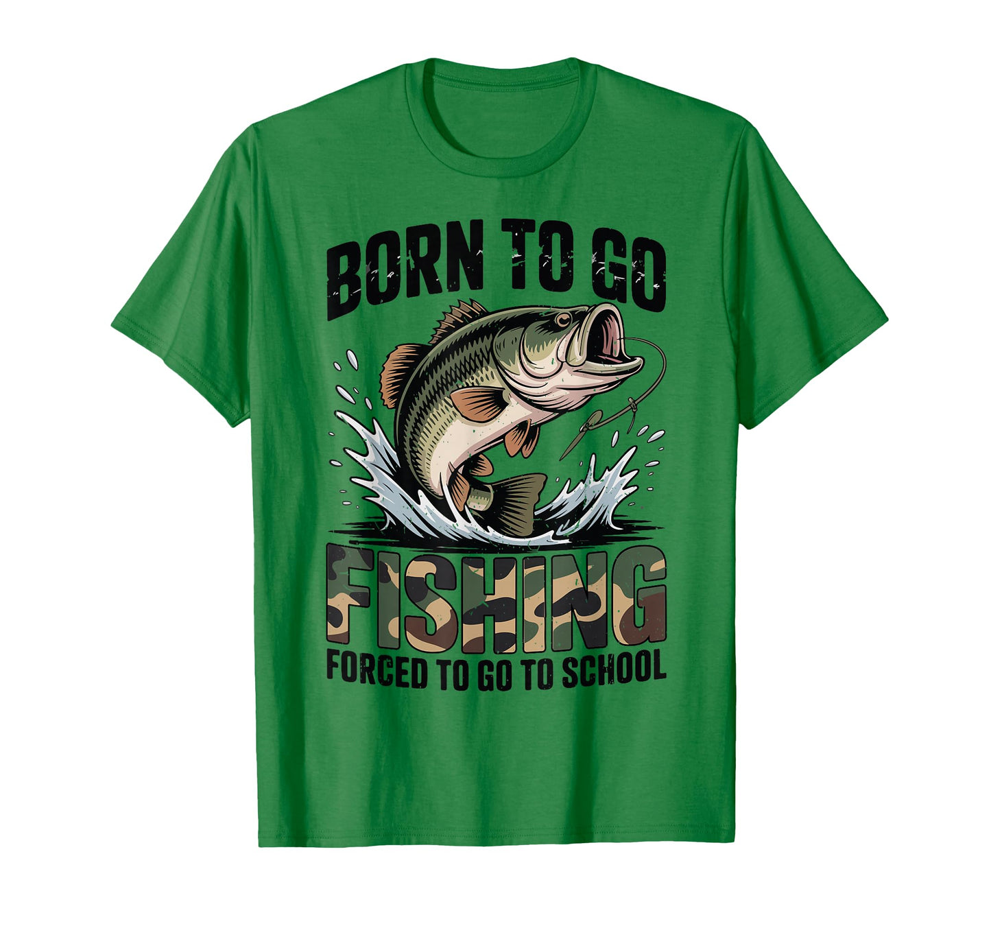 Youth Boy Camo Bass Fish Born Go Fishing Forced School Funny T-Shirt