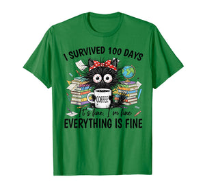I Survived 100 Days of School Funny Black Cat Teachers Kids T-Shirt