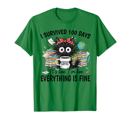 I Survived 100 Days of School Funny Black Cat Teachers Kids T-Shirt