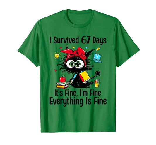 I Survived 67 Days of School Teacher Students Cat Six Seven T-Shirt