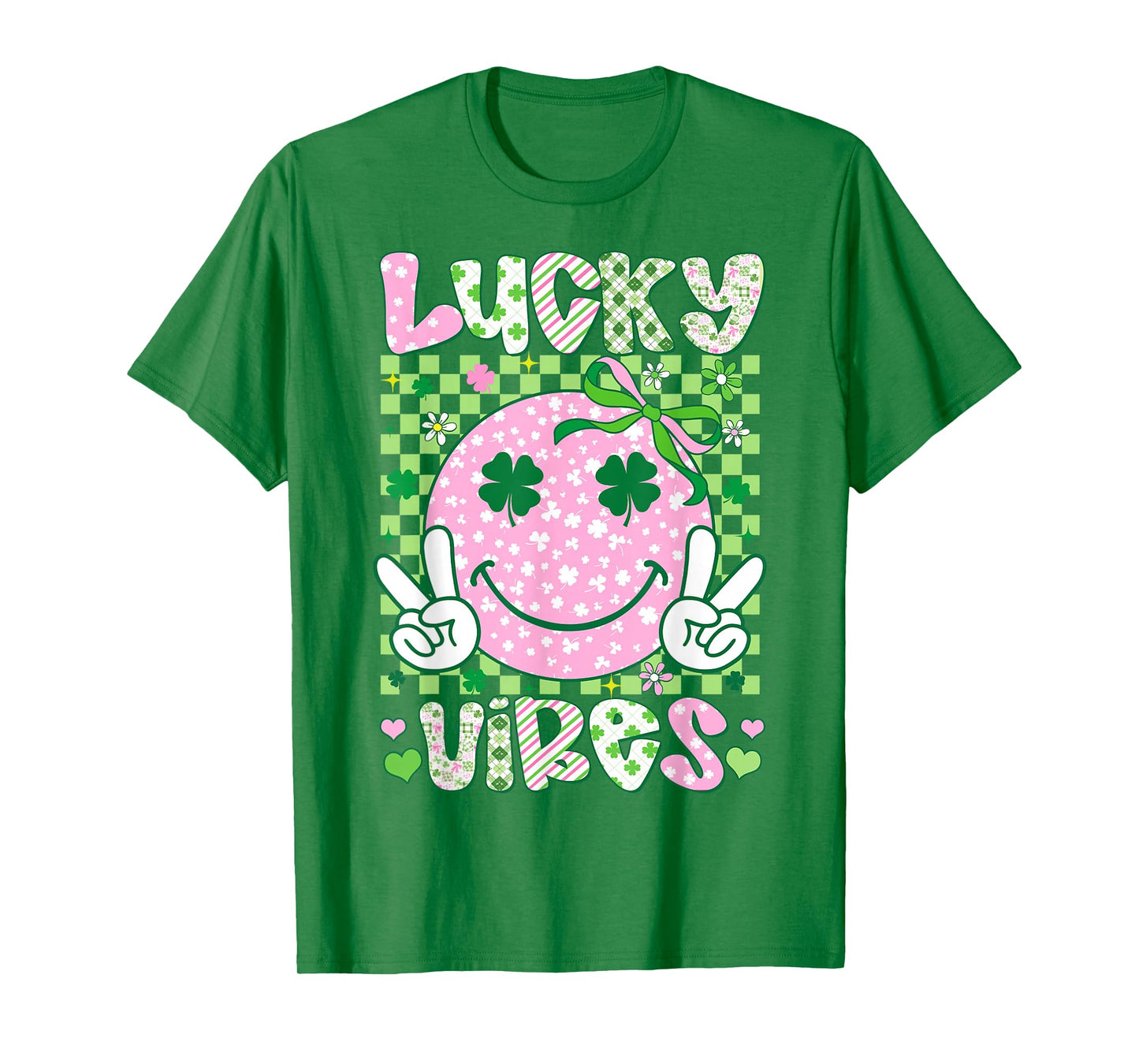 Kids St Patricks Day Lucky Vibes Shamrock Pink Women Girls T-Shirt