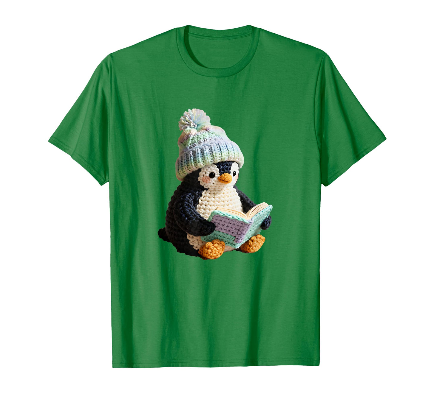 Cute Penguin Reading Book Faux-Crochet Print T-Shirt