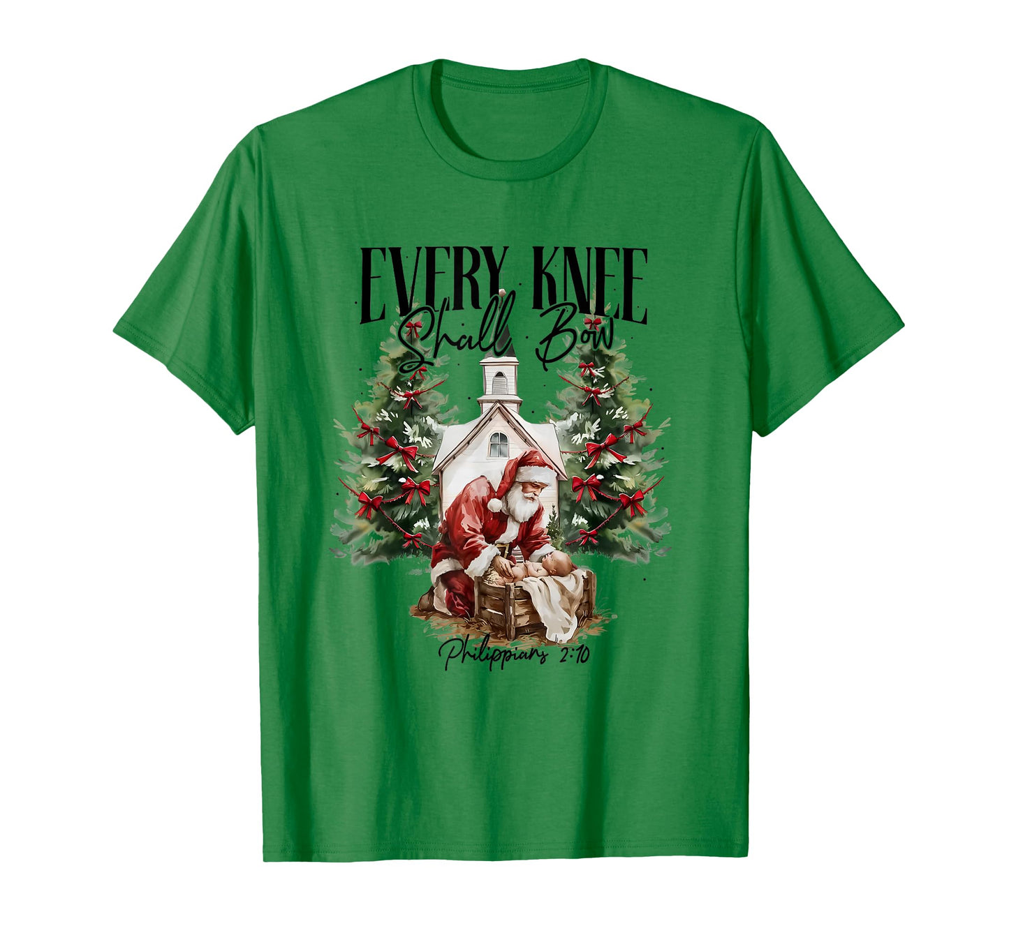 Every Knee Shall Bow Santa Christmas Nativity Scene Xmas T-Shirt