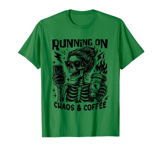 Retro Running on Chaos and Coffee Skeleton Halloween Mom T-Shirt