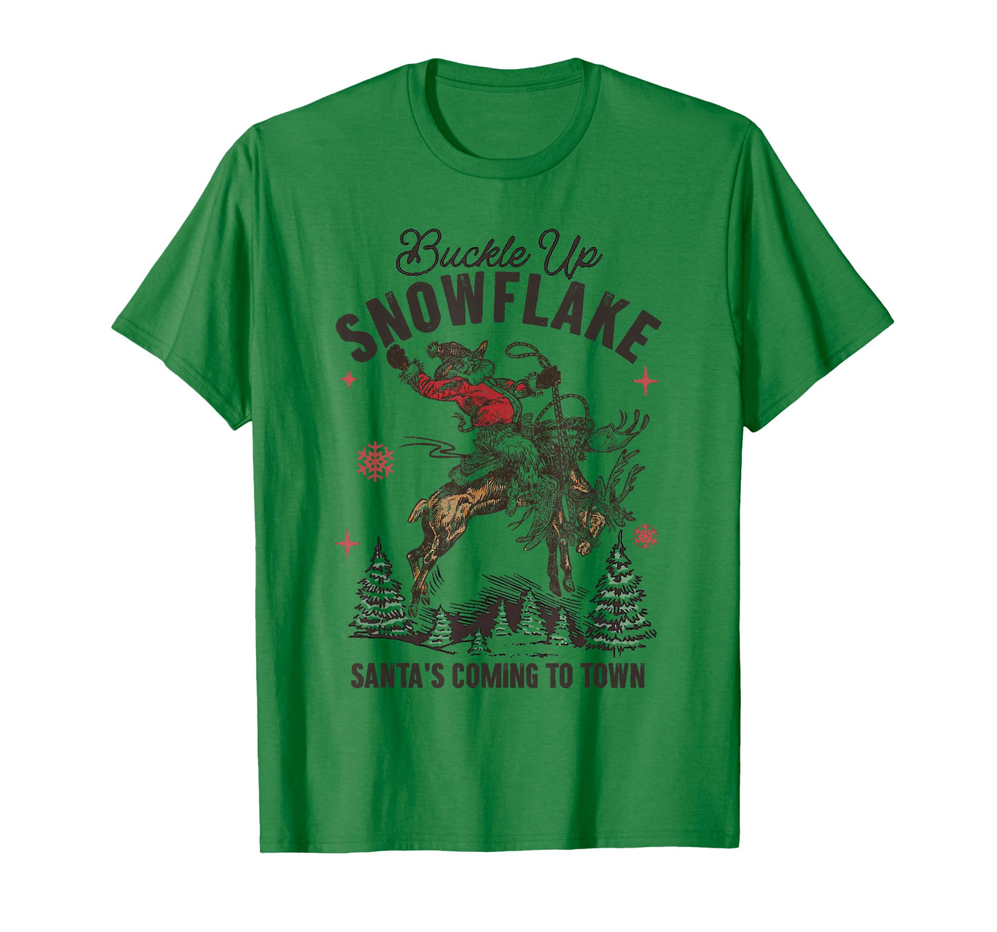 Retro Christmas Cowboy Santa Buckle Up Snowflake Rodeo T-Shirt