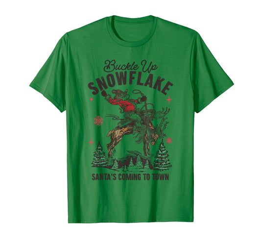 Retro Christmas Cowboy Santa Buckle Up Snowflake Rodeo T-Shirt