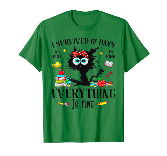 I Survived 67 Days of School Funny Cat Six Seven Meme T-Shirt