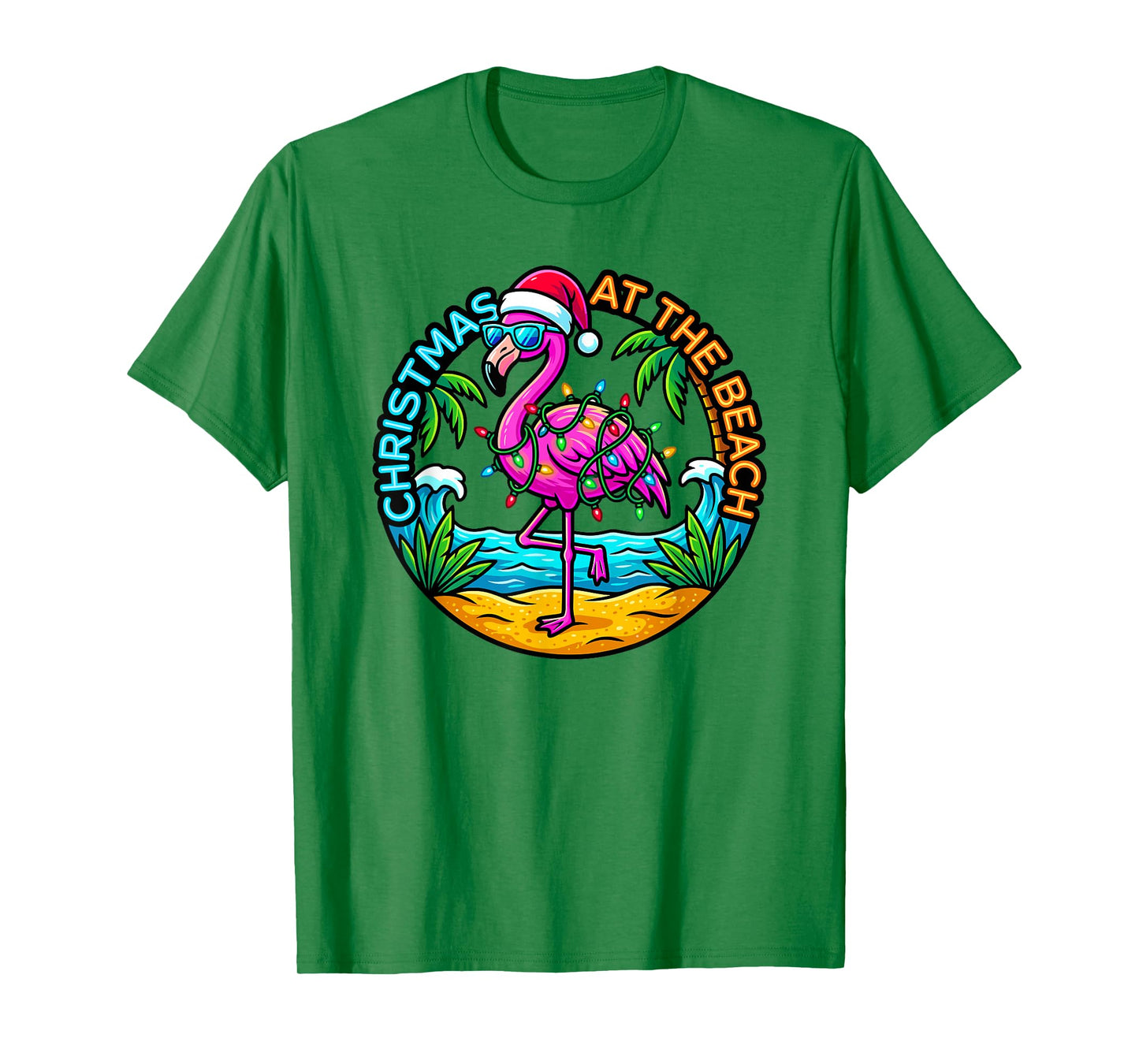 Christmas at The Beach Flamingo Santa Hat Tropical Xmas T-Shirt