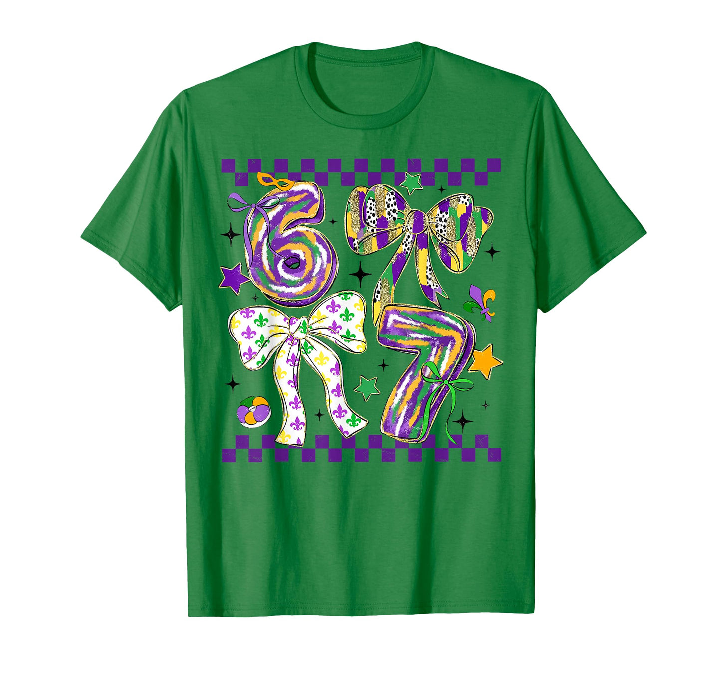 Mardi Gras Six Seven Bow Jester Beads 6 7 Meme Girls Kids T-Shirt