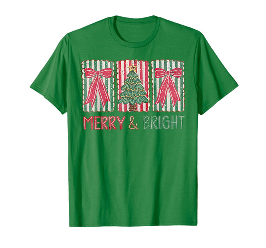 Preppy Merry & Bright Coquette Bow Christmas Tree Women Girl T-Shirt