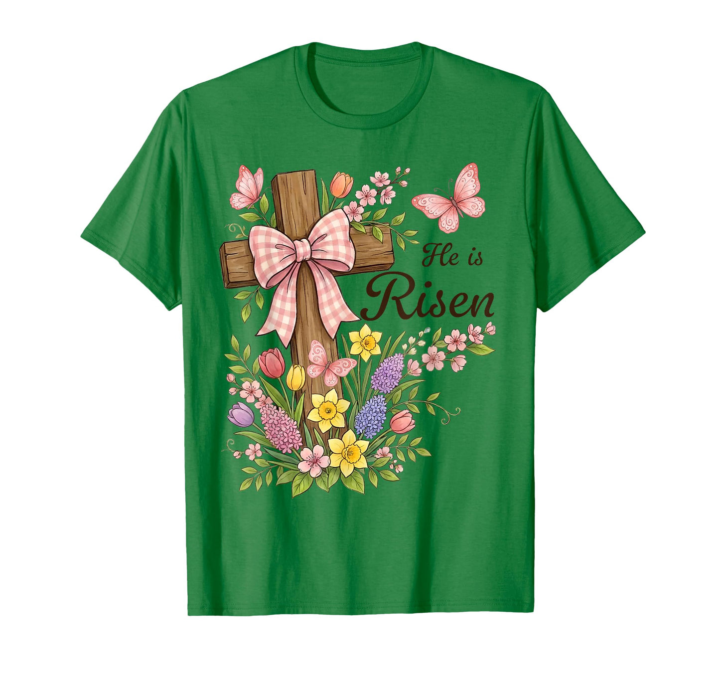 Christian- He is Risen Floral Cross Religious Easter T-Shirt